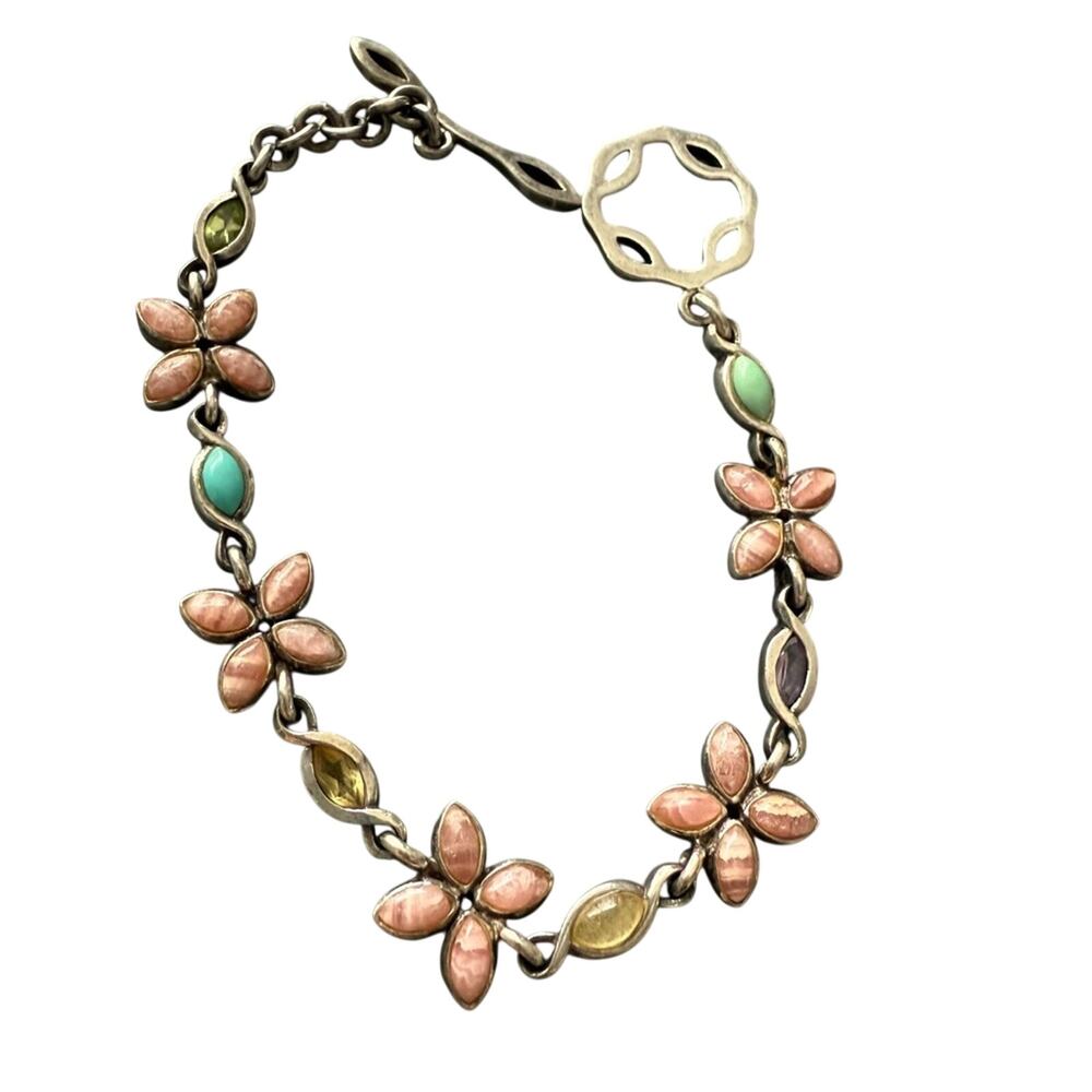 925 Sterling Silver Stone Flowers Toggle Bracelet
